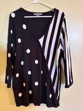 Nygard Black & White V-Neck Polka Dot and Stripe Sweater